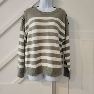 Womens Gray and White Sweater, Striped, With Button Details on Shoulder - Medium